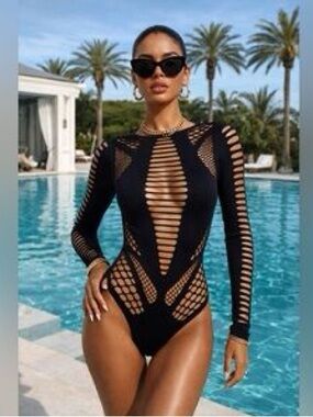 La Senza Sexy Shredded Long sleeve Bodysuit size Medium Black